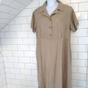 FLAX 1G (18-20) Linen Lightweight Short Sleeve Collared Maxi Dress, Tan / Beige